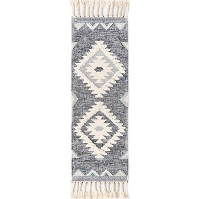 Mesa Dark Blue Geometric Wool Runner Rug with Fringe