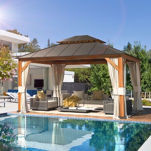 Erommy 12'x 14' Hardtop Gazebo, Wooden Grain Aluminum Frame Canopy with Galvanized Steel Hardtop Roof - 1 of 3