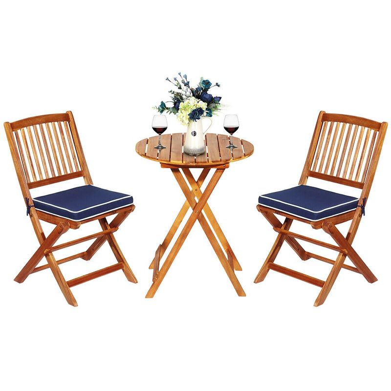 Costway 3PCS Patio Folding Wooden Bistro Set Cushioned Chair Conversation Cushion, 2 of 11