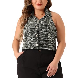 Agnes Orinda Women's Plus Size Tweed Halter Neck Sleeveless Single Breasted Retro Suit Vests - 1 of 4