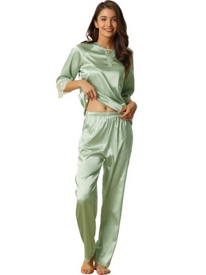 cheibear Womens Satin Sleepwear Lounge with Pants Nightwear 3/4 Sleeves Pajama Set