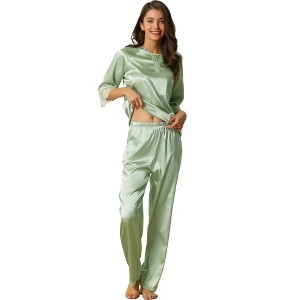 cheibear Womens Satin Sleepwear Lounge with Pants Nightwear 3/4 Sleeves Pajama Set - 1 of 4