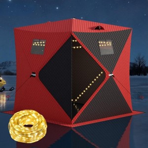 Portable Pop-Up Ice Fishing Tent, Fits 2-3 Person Ice Fishing Shelter, Insulated Hub Shelter with Anchors, Ropes, Light Strip & Carry Bag, Red+Black - 1 of 4