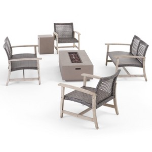 Christopher Knight Home Augusta Outdoor Acacia Wood and Wicker 6 Seater Chat Set with Fire Pit - 1 of 4