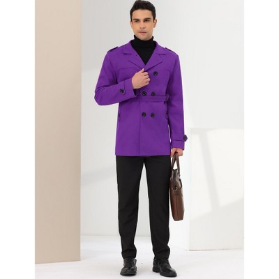 Lars Amadeus Men's Middle Length Double Breasted Notch Lapel Belted Pea Coats Purple X-Large — фото 3