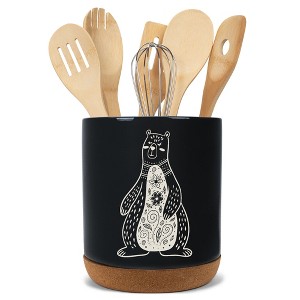 Elanze Designs Kitchen Utensil Holder With Non Slip Cork Base Large 8 Inch Ceramic Storage Crock Forest Animal Countertop Organizer Floral Bear Black - 1 of 4