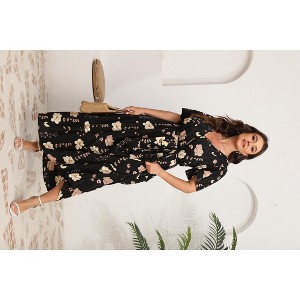 Plus Size Women's Flowy Tiered Maxi Dress - V-Neck, Short Sleeve & Waist Tie with Floral Print - 1 of 4