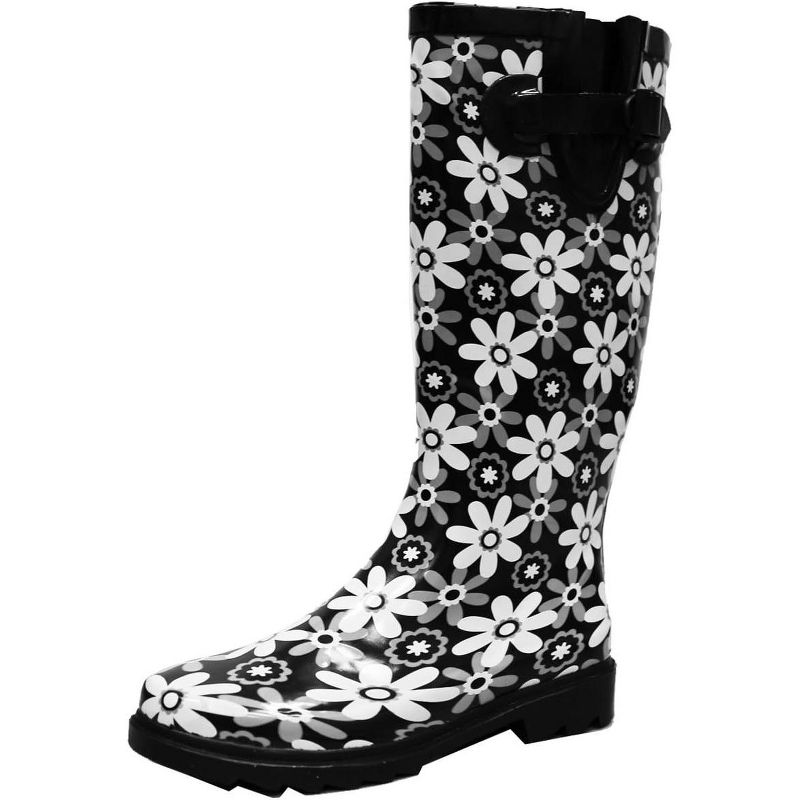Women's Rain Boots Rubber Mid Calf Snow Rainboot, Black/White Flowers-5