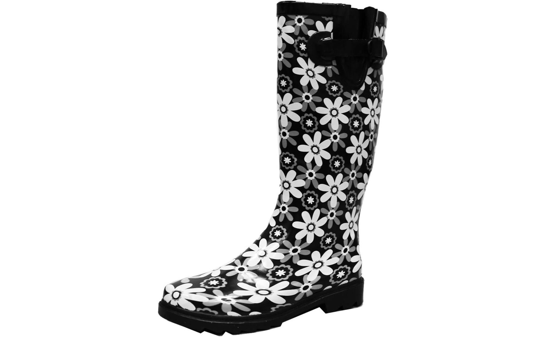 Women's Rain Boots Black/Red Plaid Rubber Mid Calf Snow Rainboot