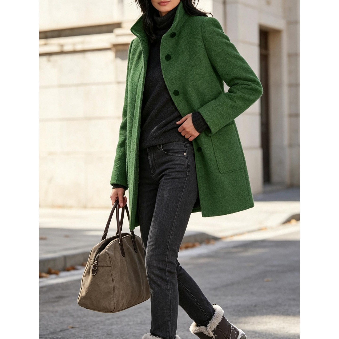 Женское пальто YesFashion Women Stand Collar Single Breasted Pocket Mid Length Fall Outerwear Coat, M, Dark Green, цвет: Тёмный зелёный — фото 2
