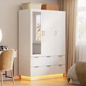 PAKASEPT 47"Wide White Armoire Wardrobe Closet with 3 Door, Mirror, LED Lights, Hanging Rod and 6 Drawers - 1 of 4