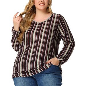 Agnes Orinda Women's Plus Size Colorful Elastic Cuff Crew Neck Long Sleeve Stripe Blouses - 1 of 4