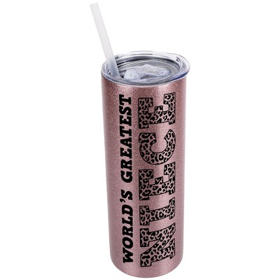 Elanze Designs Leopard Pattern Bubblegum Pink 20 Ounce Double Wall Stainless Steel Glitter Travel Tumbler With Sliding Lid And Straw, World's Greatest