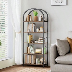 5 - Tier Bookshelf Arched Display Racks Wood and Metal Tall Bookshelf Industrial Home Office Living Room Bedroom Bathroom - 1 of 4