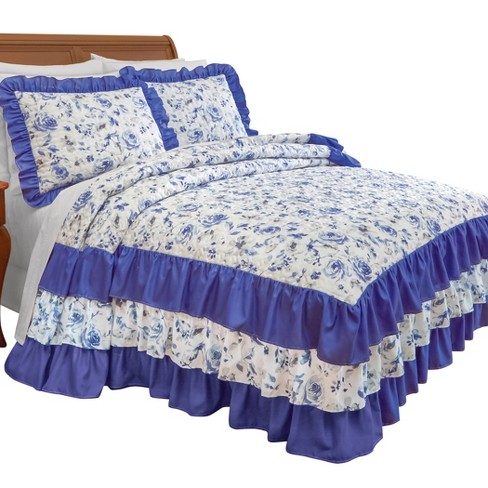 Collections Etc Elena Floral Ruffled Tiered Bedspread Queen Blue : Target