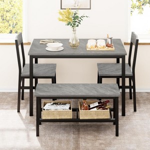 3-Piece Retro Brown Dining Set | Rectangular Table + 2 Upholstered Benches (Seats 4) | Chamfered Metal Frame for Small Kitchens/Apartments - 1 of 4