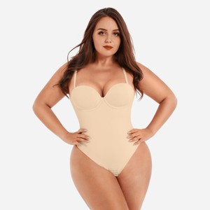 Feelingirl Women's Underwire Thong Shapewear Bodysuit with Removable Straps and Built-in Bra Black XS - 1 of 1