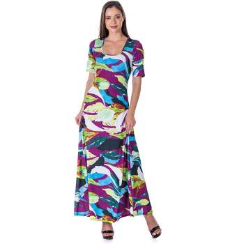 24seven Comfort Apparel Womens Multicolor Floral Print Elbow Sleeve Casual A Line Maxi Dress