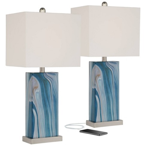 360 Lighting Connie Modern Table Lamps Set Of 2 25" High Blue Faux Marble With Charging Ports White Shade For Bedroom Living Room House Desk : Target