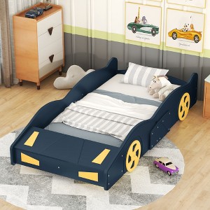 Okak Twin Platform Bed Frame with Wheels and Storage Race Car-Shaped  Bed with Rails for Kids Noise-Free Strong Wood Slats Easy Assembly, Dark Blue - 1 of 4