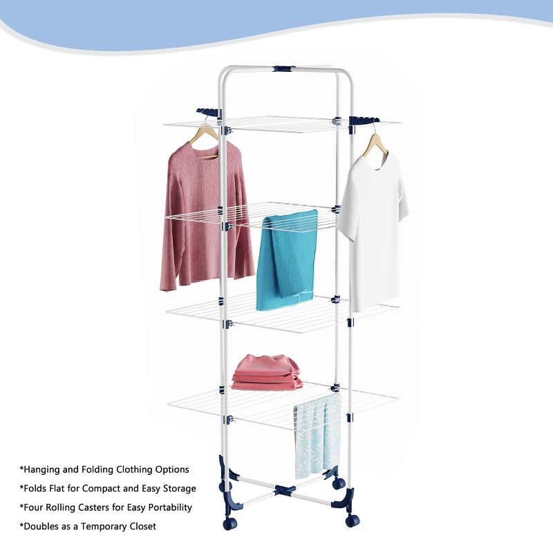 Clothes Drying Rack - 4-Tiered Laundry Station with Collapsible Shelves and Wheels for Sorting and Air-Drying Garment Pieces by Lavish Home (White), 3 of 7