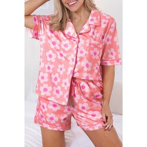 Pink Flower Print Short Sleeve Shirt Pajamas Set - 1 of 1