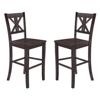 Emma and Oliver Set of 2 Wooden Modern Farmhouse Bar Height Dining Stool with Decorative Carved Backrest and Wood Seat
