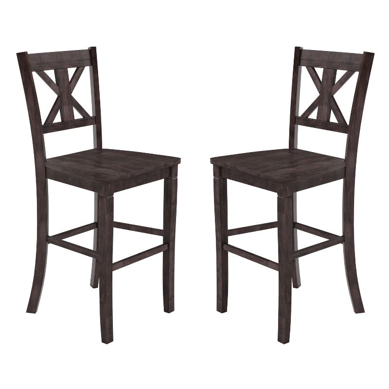 Emma and Oliver Set of 2 Wooden Modern Farmhouse Bar Height Dining Stool with Decorative Carved Backrest and Wood Seat, 1 of 4