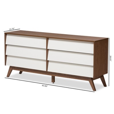 Mid-Century Modern White & Walnut 6-Drawer Storage Dresser