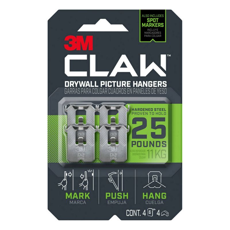 3M 25lb CLAW Drywall Picture Hanger with Temporary Spot Marker + 4 hangers and 4 markers, 1 of 9