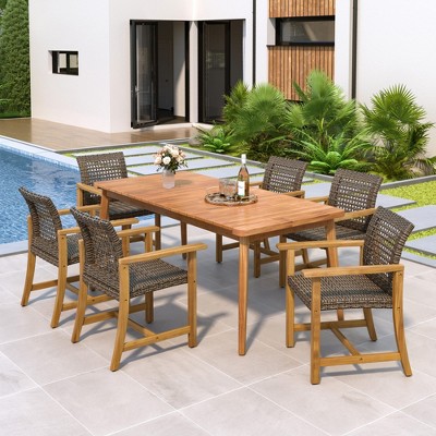 Christopher Knight Home Darian Rustic 7 Piece Outdoor Acacia Wood Rattan Dining Set with Slatted Table, Mocha/Teak