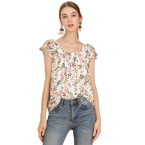 Allegra K Women's Chiffon Ruffle Sleeve Square Neck Floral Print Blouse 