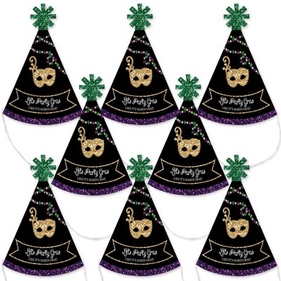 Big Dot of Happiness Mardi Gras - Mini Cone Masquerade Party Hats - Small Little Party Hats - Set of 8
