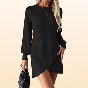 EadianDree Womens Long Sleeve Crewneck Sweater Dress Casual Tulip Wrap Hem Long Sleeve Soft Knit Mini Bodycon Dresses for Women : Target