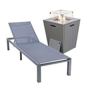 LeisureMod Marlin Modern Outdoor Patio Chaise Lounge Chair in Grey Aluminum Frame with Square Fire Pit Side Table - 1 of 4