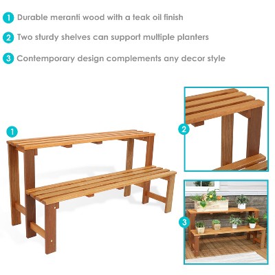 Brown Meranti Wood 2-Tier Outdoor Plant Stand with Teak Oil Finish