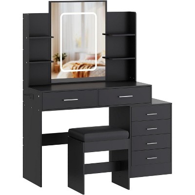 Vanity Desk with LED Lighted Mirror & Stool,6 Drawers + 6 Storage Shelves, Makeup Dressing Table for Bedroom