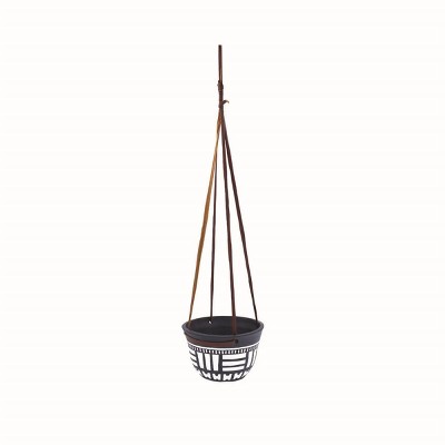 Natural Terracotta with Hand Painted Pattern and Faux Leather Straps Hanging Planter - Foreside Home & Garden