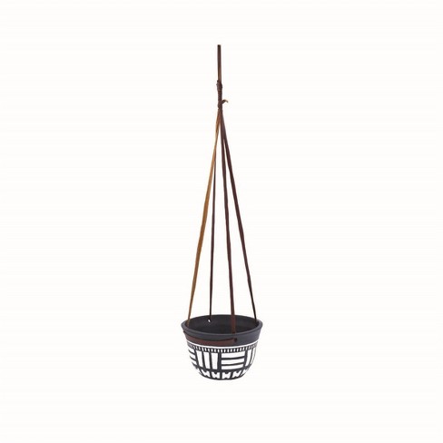 Black Painted Natural Terracotta Planter With Faux Leather Hanging