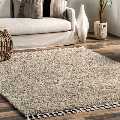 Beige Braided Tasseled Shag Synthetic Area Rug 2' x 3'