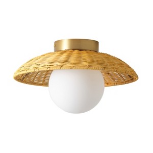 Dewdrop 3-Light Boho Wicker Ceiling Light, Natural Rattan Shade with Frosted Globe Glass and Brass Mount, ETL Certified Fixture - 1 of 4