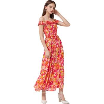Anna-Kaci Women's Smocked Chest Ruffle Strap Floral Print Ruffle Hem Maxi Dress