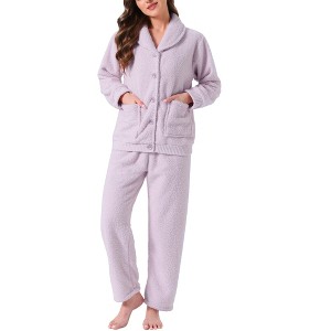 INSPIRE CHIC Women's Fleece Fluffy Plush Winter Button Down Tops with Pants Warm Pajama Sets - 1 of 4