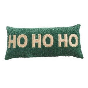 Storied Home Woven Cotton Velvet Quilted Lumbar Pillow with Appliqued "HO HO HO", Green and Gold Color - 1 of 2