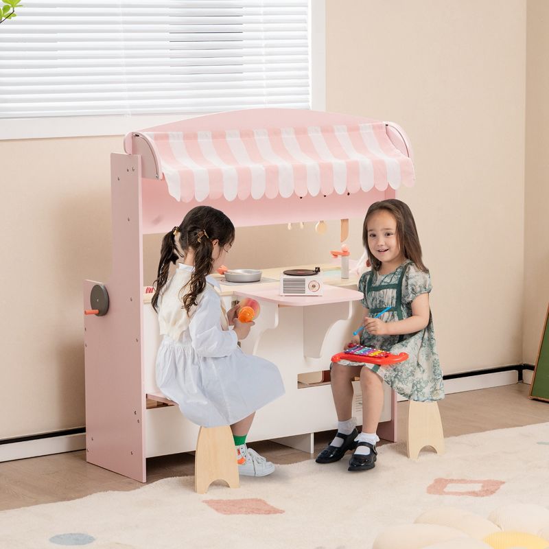 Costway 2 in 1 Kids Play Kitchen & Restaurant Double-Sided Pretend Playset with Canopy, 4 of 11