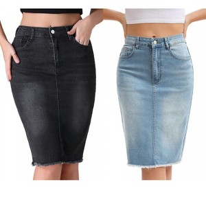 INSPIRE CHIC Women's Raw Hem High Waisted Pockets Stretch Knee Length Jean Denim Skirt 2 Packs - 1 of 4