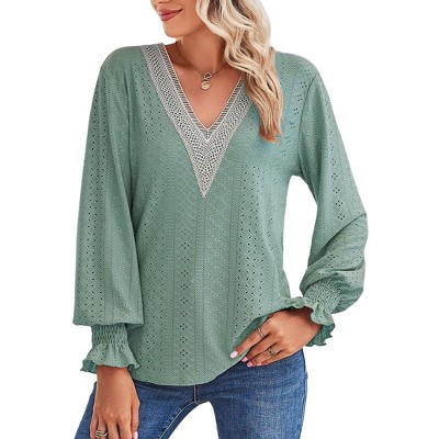 Womens V Neck Blouse Long Sleeve Lace V Neck Ruffled Sleeve Tops Tunic Blouse Long Sleeve T-Shirts