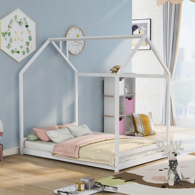 CAVINAS Twin/Full Size Wooden House-Shaped Bed Frame,Cute Floor Bed for Kids Room,Bedroom
