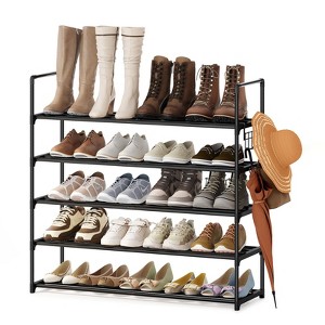 Anycoo 5-Tier Extra Wide Shoe Rack with Hooks, Metal Shoe Organizer Holds 20-25 Pairs, Stackable Storage Shelf for Entryway, Closet, Bathroom, Black - 1 of 4