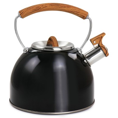 Black Stainless Steel Whistling Tea Kettle with Wood Pattern Handle